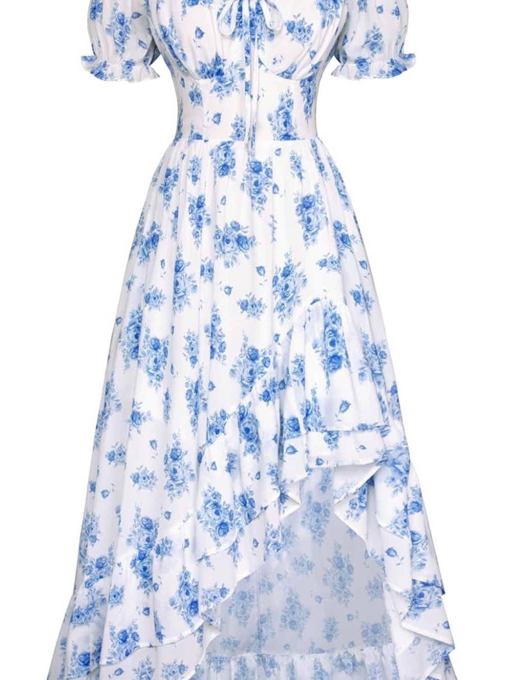 Blue & White Floral High-Low Corset Milkmaid Dress